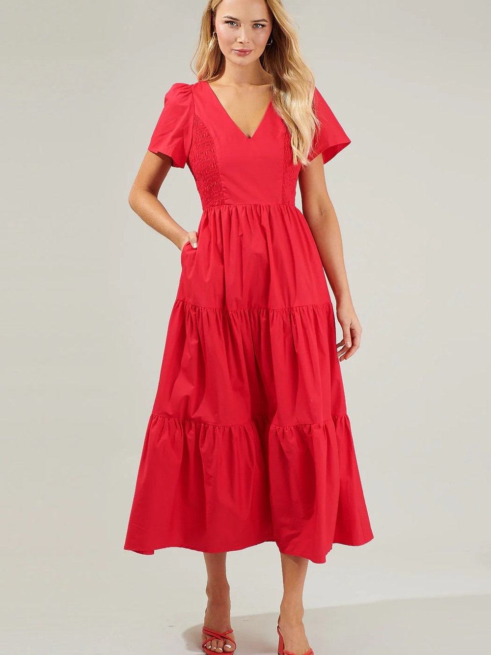 Sugarlips Red V-Neck Tiered Midi Dress